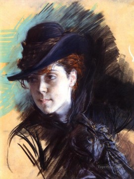 monochrome black white Painting - Girl In A Black Hat genre Giovanni Boldini